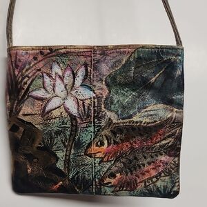 Jane Yoo artistic crossbody small hand-painted signed wearable art leather bag.